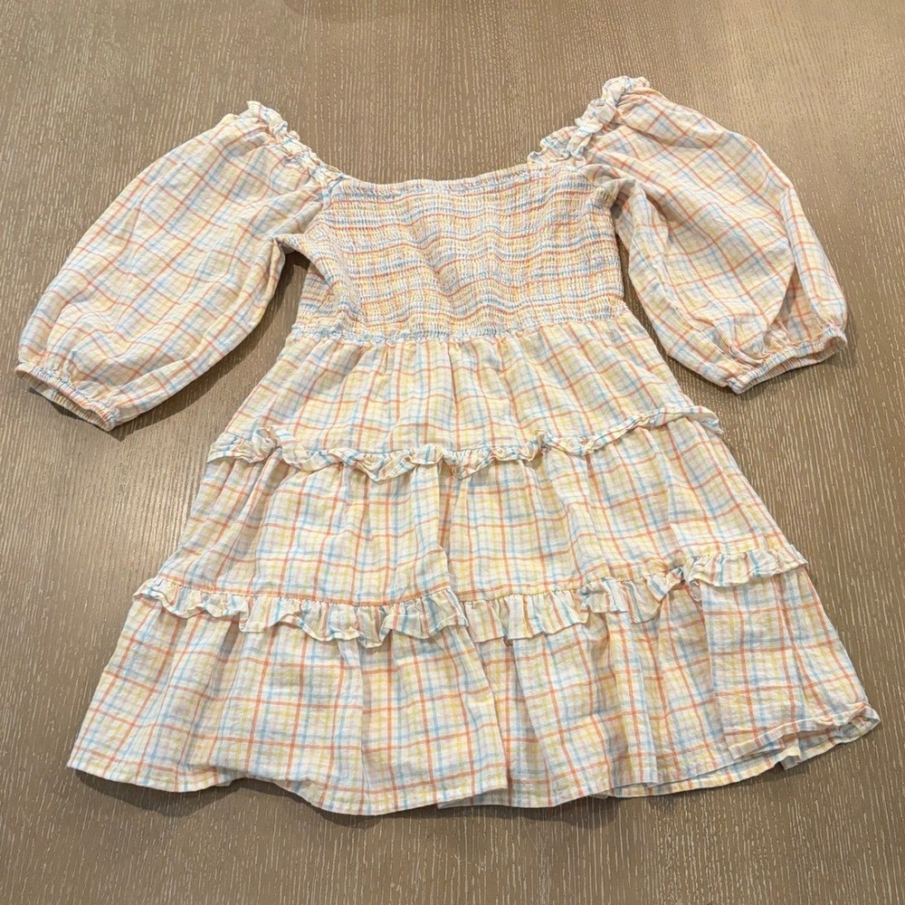 Entroโ Pastel Plaid Smocked Puff Sleeve Tiered Mini Dress D18112 Womens Medium